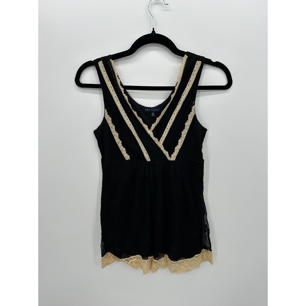 Womens Y2K Coquette Fairy Black Cream Lace Babydoll Tank Top Sz M Whimsigoth